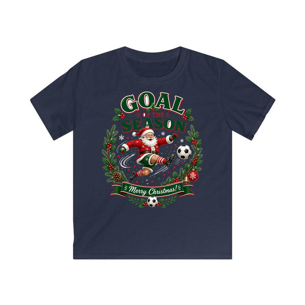 Santa's Goal Of The Season personalised kids Christmas tee in navy