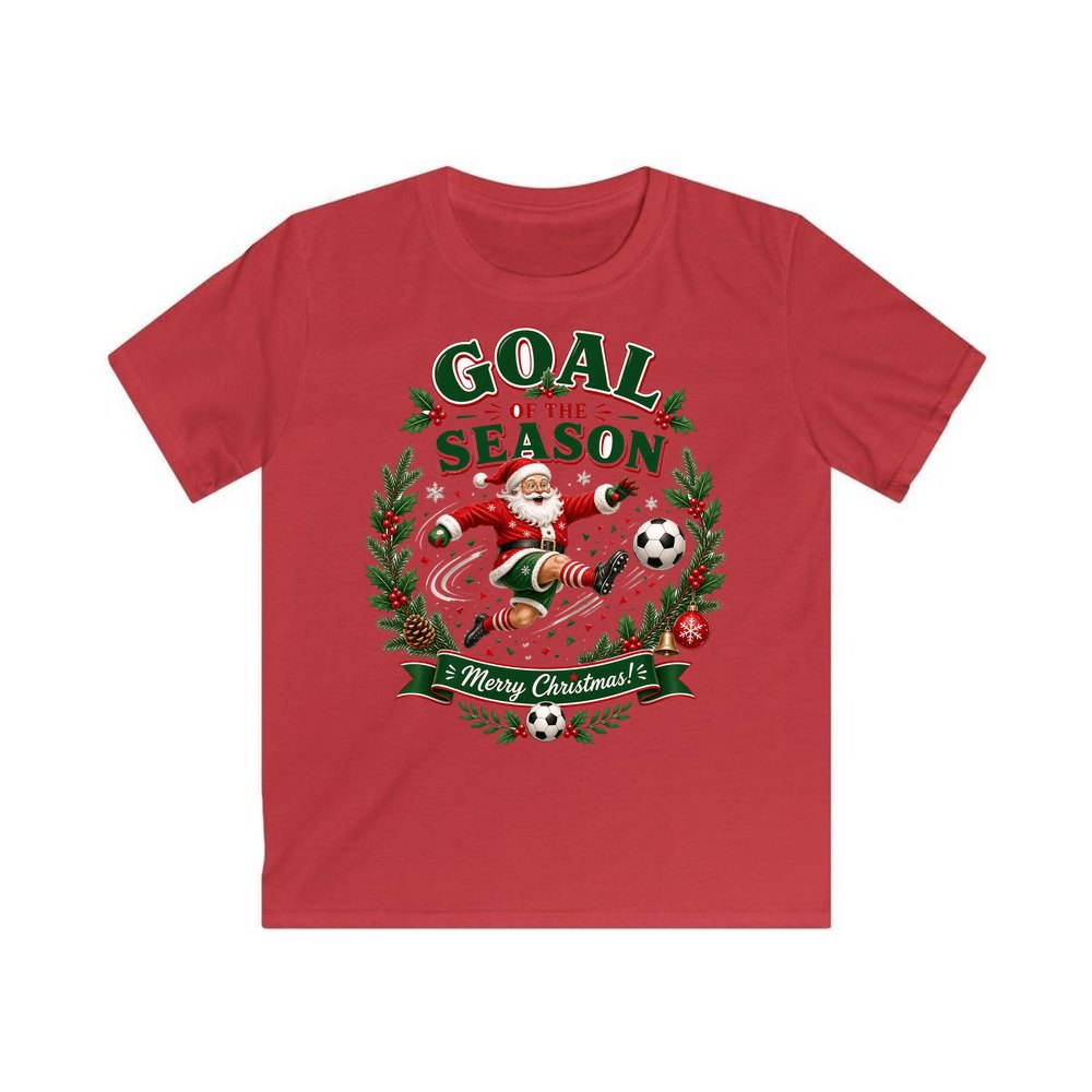 Santa's Goal Of The Season personalised kids Christmas tee in red