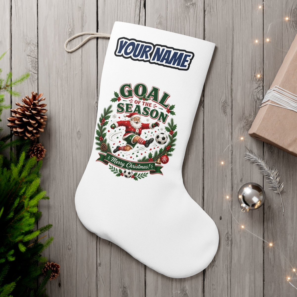 Santa's Goal Of The Season personalised Christmas stocking, white, with the name across the top