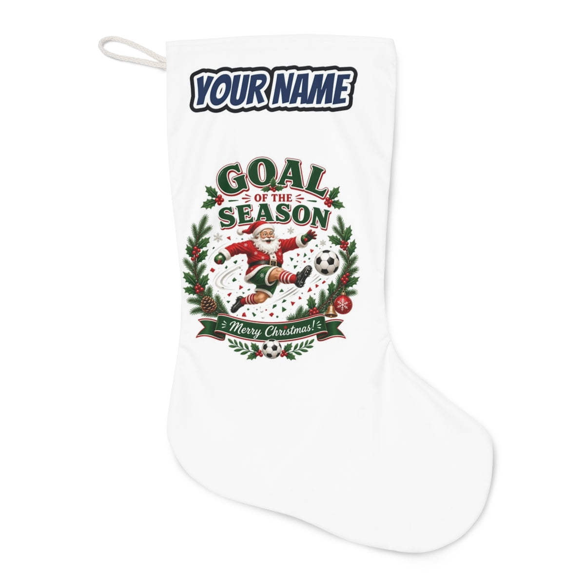 Santa's Goal Of The Season Christmas stocking laid flat, showing the full print