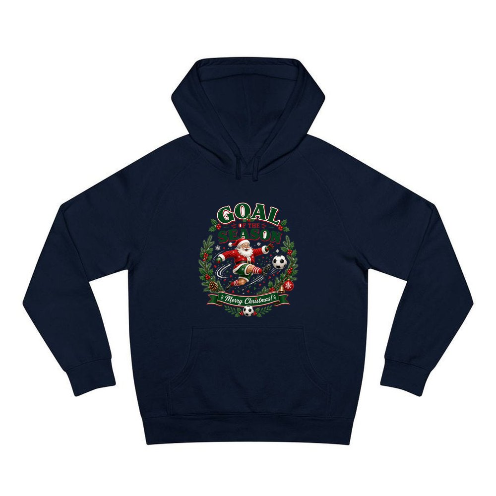 Santa's Goal Of The Season personalised Christmas hoodie in navy