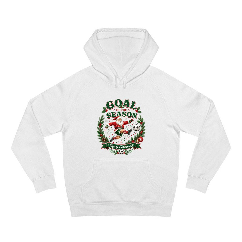 Santa's Goal Of The Season personalised Christmas hoodie in white