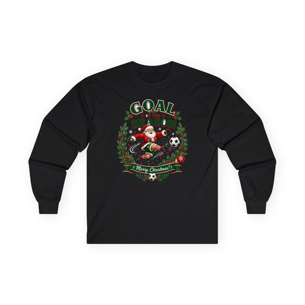 Santa's Goal Of The Season personalised long sleeve Christmas T-shirt in black