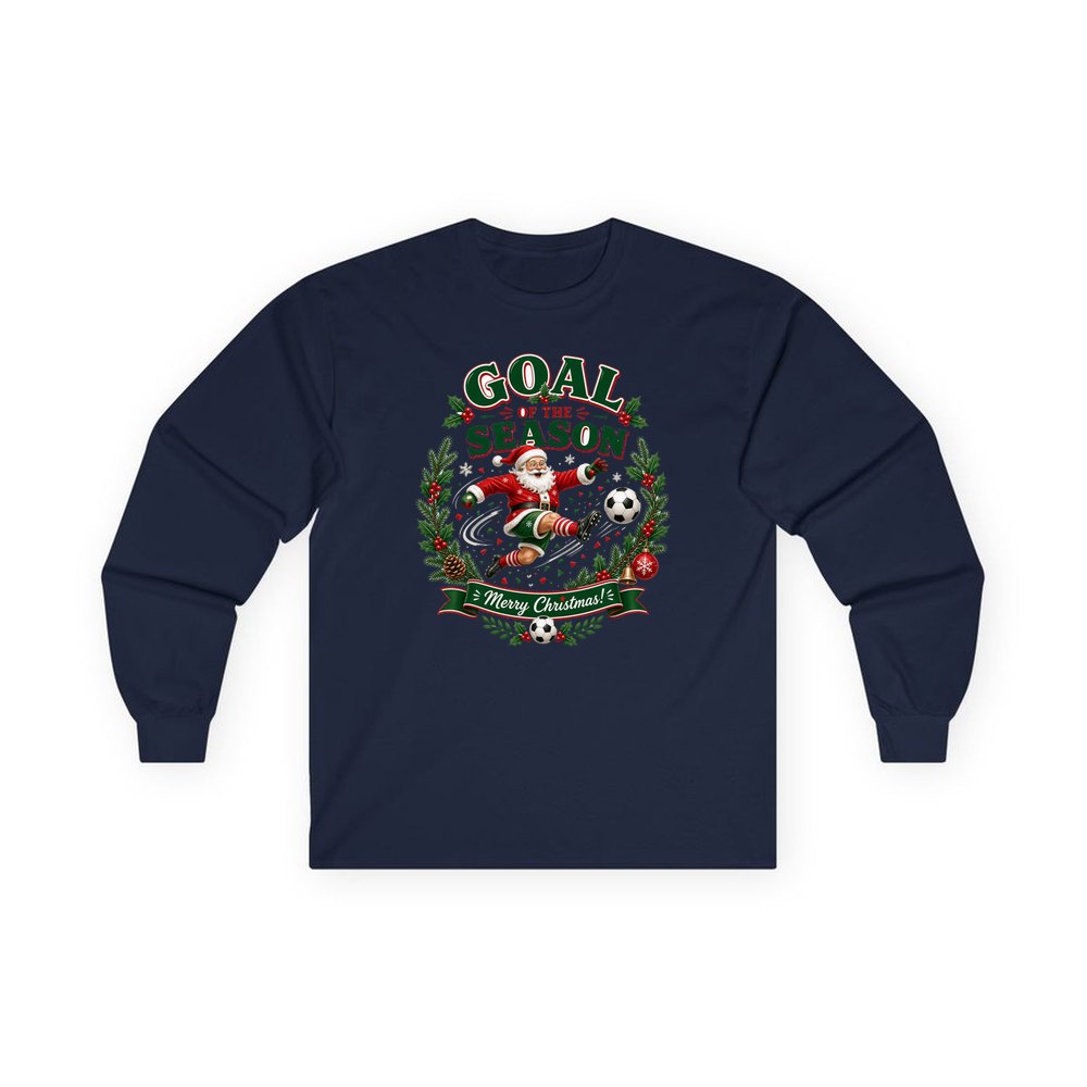 Santa's Goal Of The Season personalised long sleeve Christmas T-shirt in navy