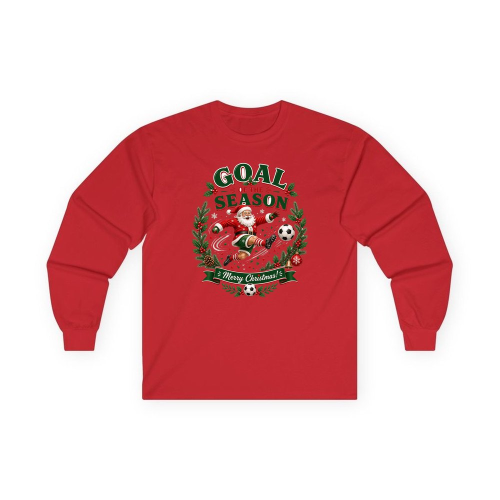 Santa's Goal Of The Season personalised long sleeve Christmas T-shirt in red