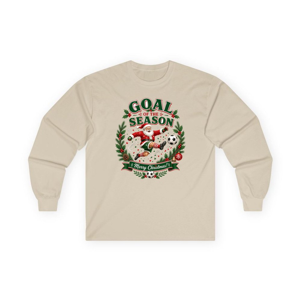 Santa's Goal Of The Season personalised long sleeve Christmas T-shirt in sand