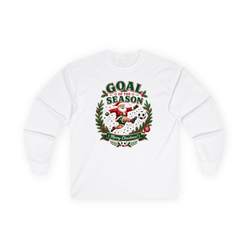 Santa's Goal Of The Season personalised long sleeve Christmas T-shirt in white