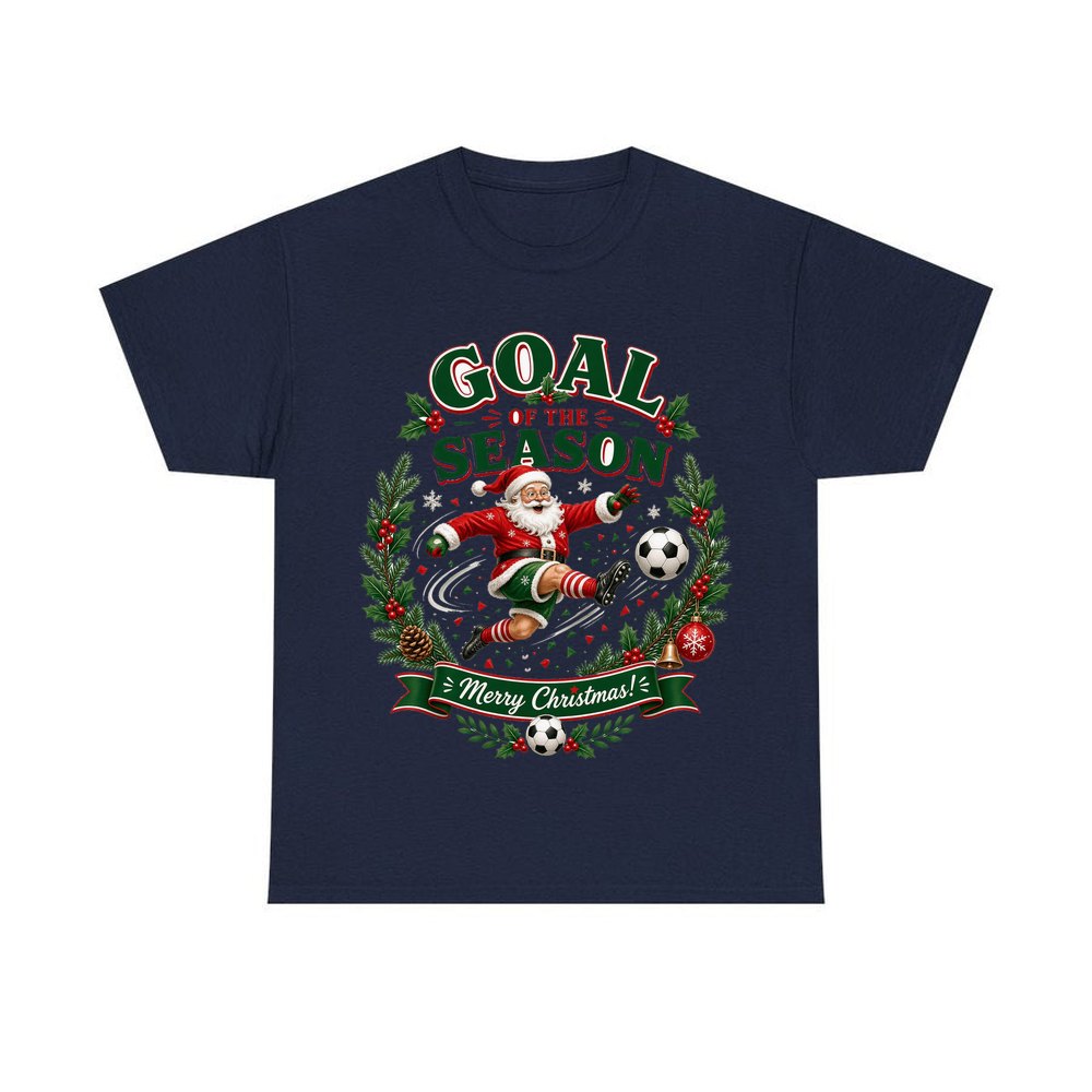 Santa's Goal Of The Season personalised Christmas T-shirt in navy