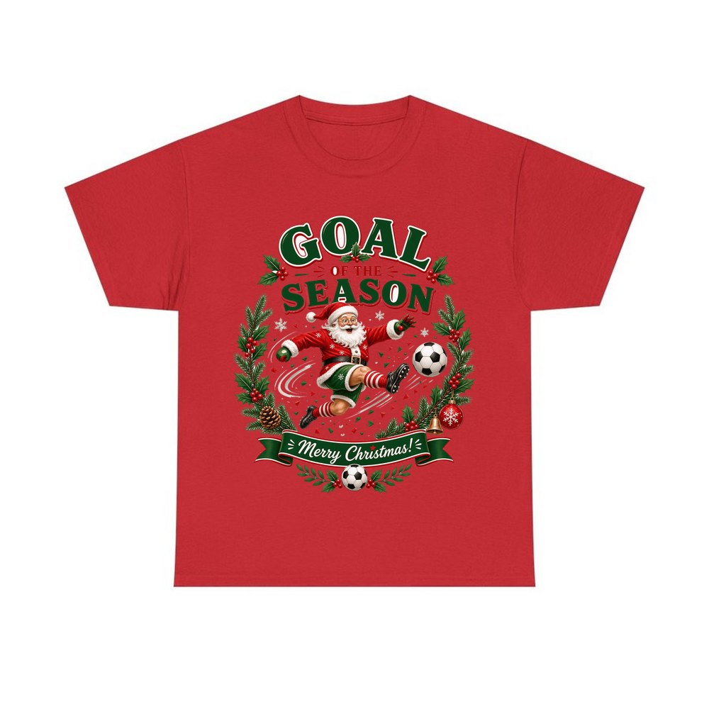 Santa's Goal Of The Season personalised Christmas T-shirt in red