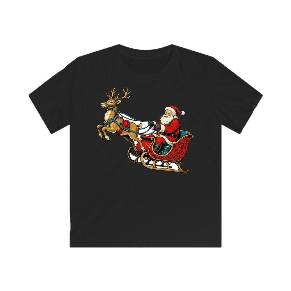 Santa's Sleigh and Reindeer personalised kids Christmas tee in black