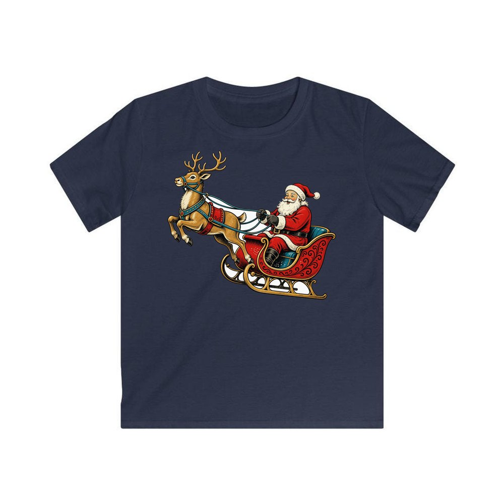 Santa's Sleigh and Reindeer personalised kids Christmas tee in navy