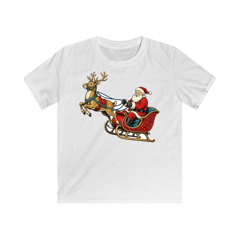 Santa's Sleigh and Reindeer personalised kids Christmas tee in white
