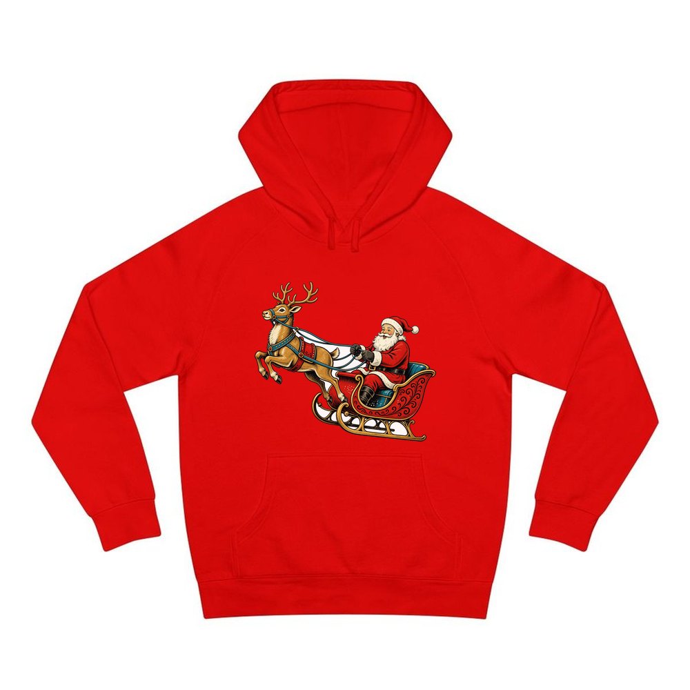 Santa's Sleigh and Reindeer personalised Christmas hoodie in red