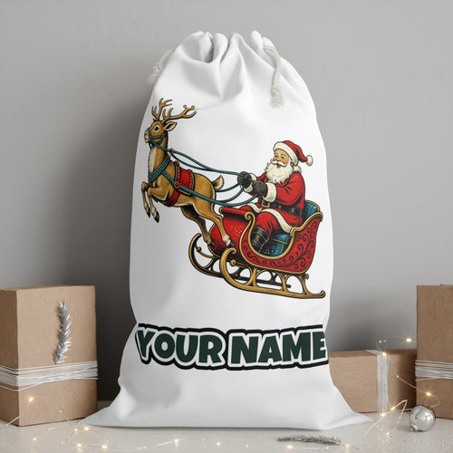 Santa's Sleigh and Reindeer personalised Santa sack, white, with the name printed under the artwork