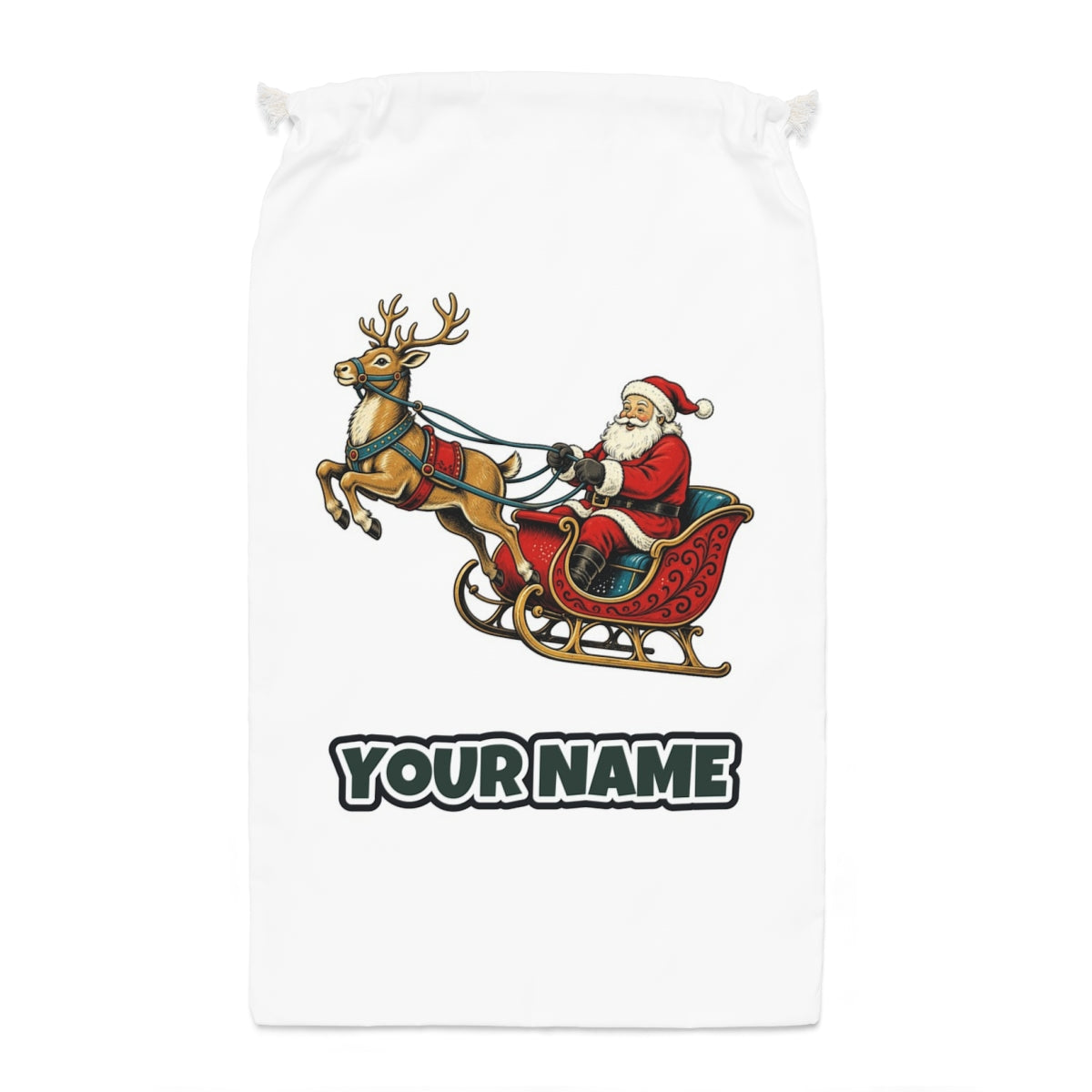 Santa's Sleigh and Reindeer Santa sack laid flat, showing the full print