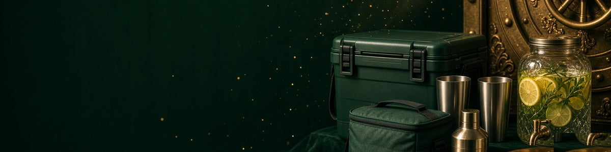 Christmas drinks and coolers: bottles, tumblers and gold ice buckets before a vault door.