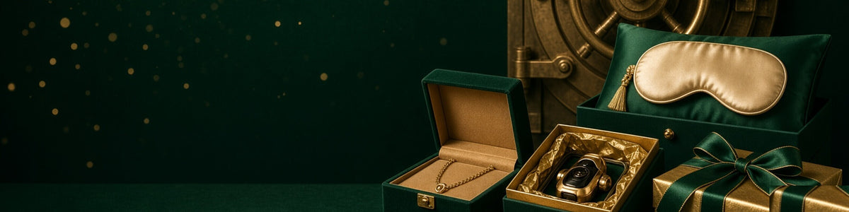 Pamper gift set, velvet jewellery box, silk sleep mask set and gadget gift box with gold presents.