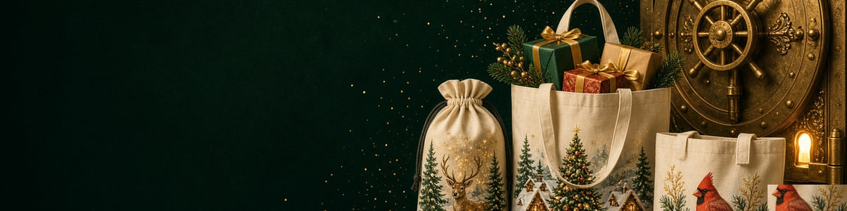Printed cotton tote bags and drawstring bag filled with Christmas gifts, full-colour illustrations on cream canvas.