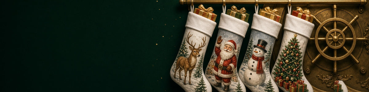 Personalised Christmas stockings in tartan, velvet and cream hanging before a glowing gold vault door on dark emerald.