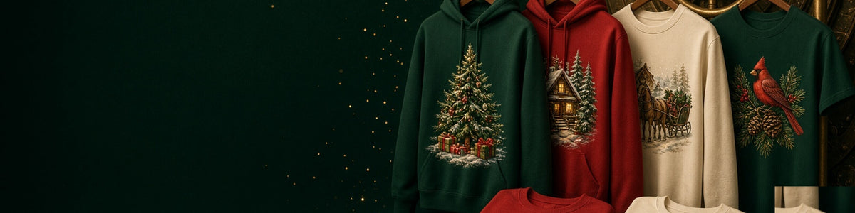 Personalised Christmas clothing on a rack: hoodies, knits and folded tees glowing in front of a gold vault door.