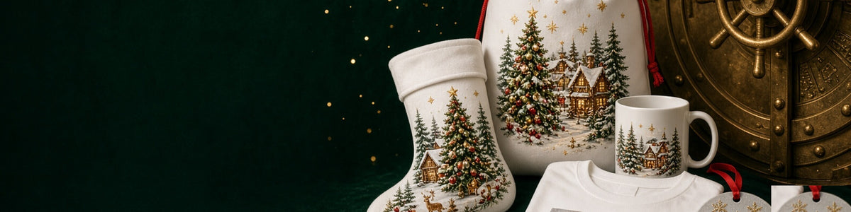 Personalised range hero: printed Santa sack, stocking, mug, t-shirt and silver ornament each with different Christmas art.
