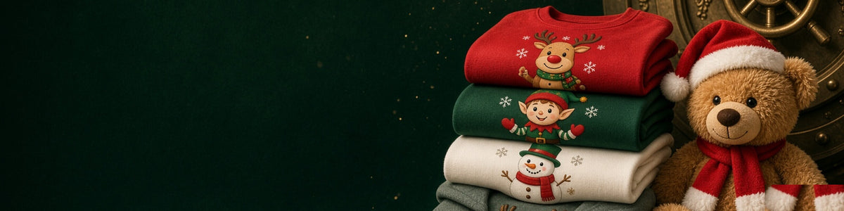 Personalised kids Christmas clothing: tiny knit, teddy in a Santa hat and gift boxes before a warm gold vault door.