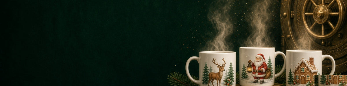 Personalised Christmas mugs and cups steaming on a gold tray with wrapped gifts before an ornate vault door.