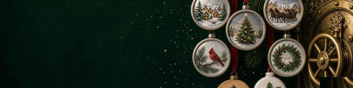 Round flat silver metal ornaments hanging on red ribbons with Christmas scenes, plus wood and ceramic holly ornaments.