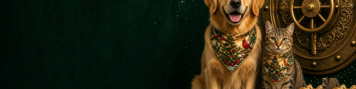 Personalised pet Christmas bandanas on a golden retriever and tabby cat with toys and gifts before a vault door.