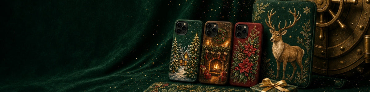 Personalised Christmas phone cases and tech gifts stacked with wrapped boxes before a glowing gold vault door.