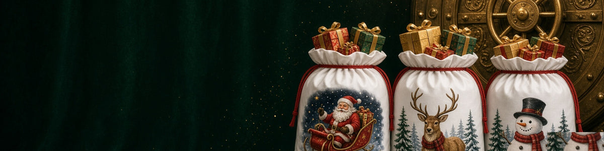 Personalised Christmas Santa sacks piled in velvet reds, greens and golds before an ornate vault door on a dark emerald field.