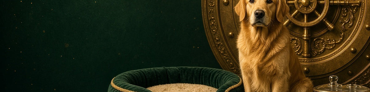 Christmas pet beds: a golden retriever on a plush bed with toys before a gold vault door.