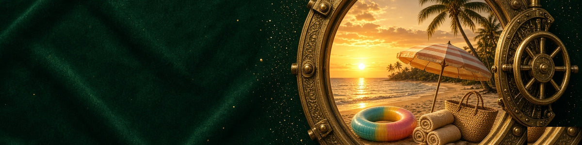Beach sunset through a vault porthole: striped umbrella, swim ring, rolled towels and beach bag — no bottles.