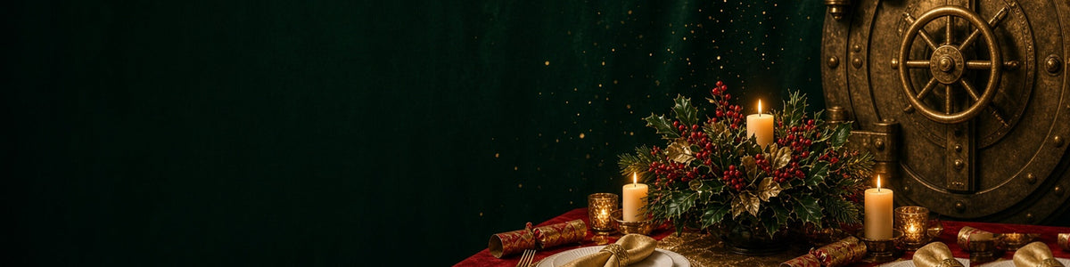Christmas dinner table: red cloth, gold runner, placemats, gold cutlery, napkin rings, crackers and holly centrepiece.