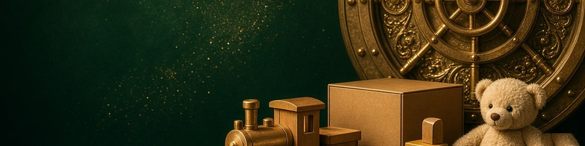 Christmas toys and games: wooden train, blocks and teddy bear before a gold vault door.