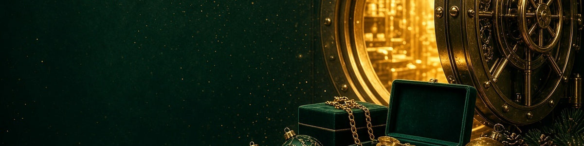 The Vault Edit: an open gold vault spilling warm light, coins and carefully chosen Christmas gifts.