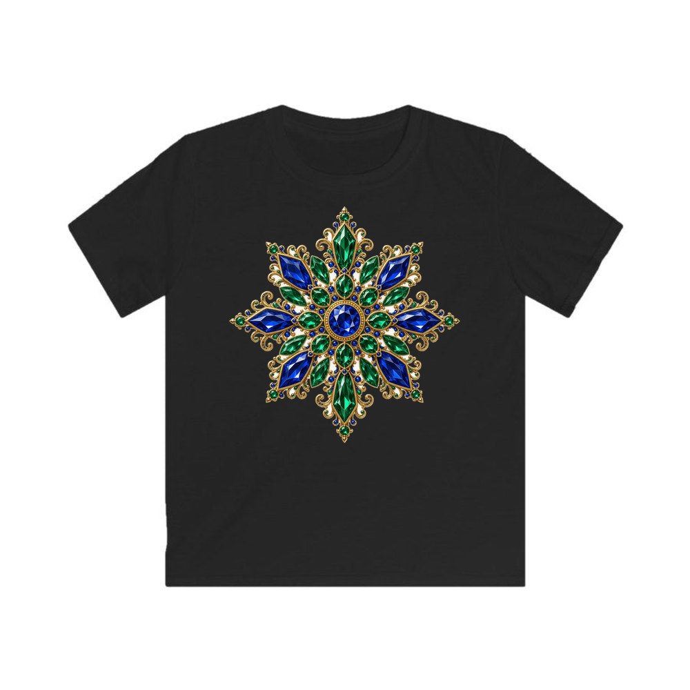 Sapphire and Emerald Snowflake personalised kids Christmas tee in black