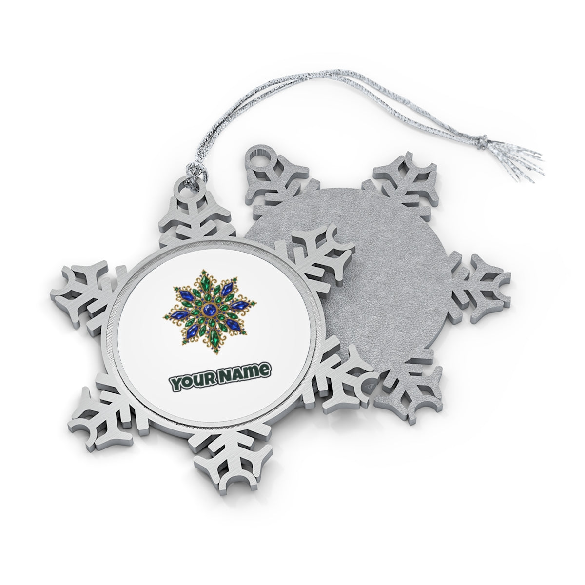 Sapphire and Emerald Snowflake Personalised Pewter Christmas Ornament