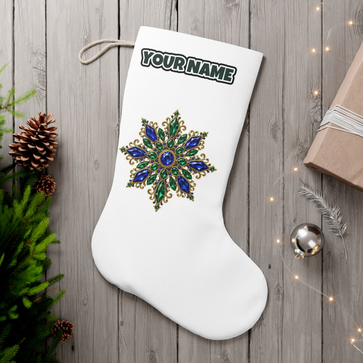 Sapphire and Emerald Snowflake personalised Christmas stocking, white, with the name across the top