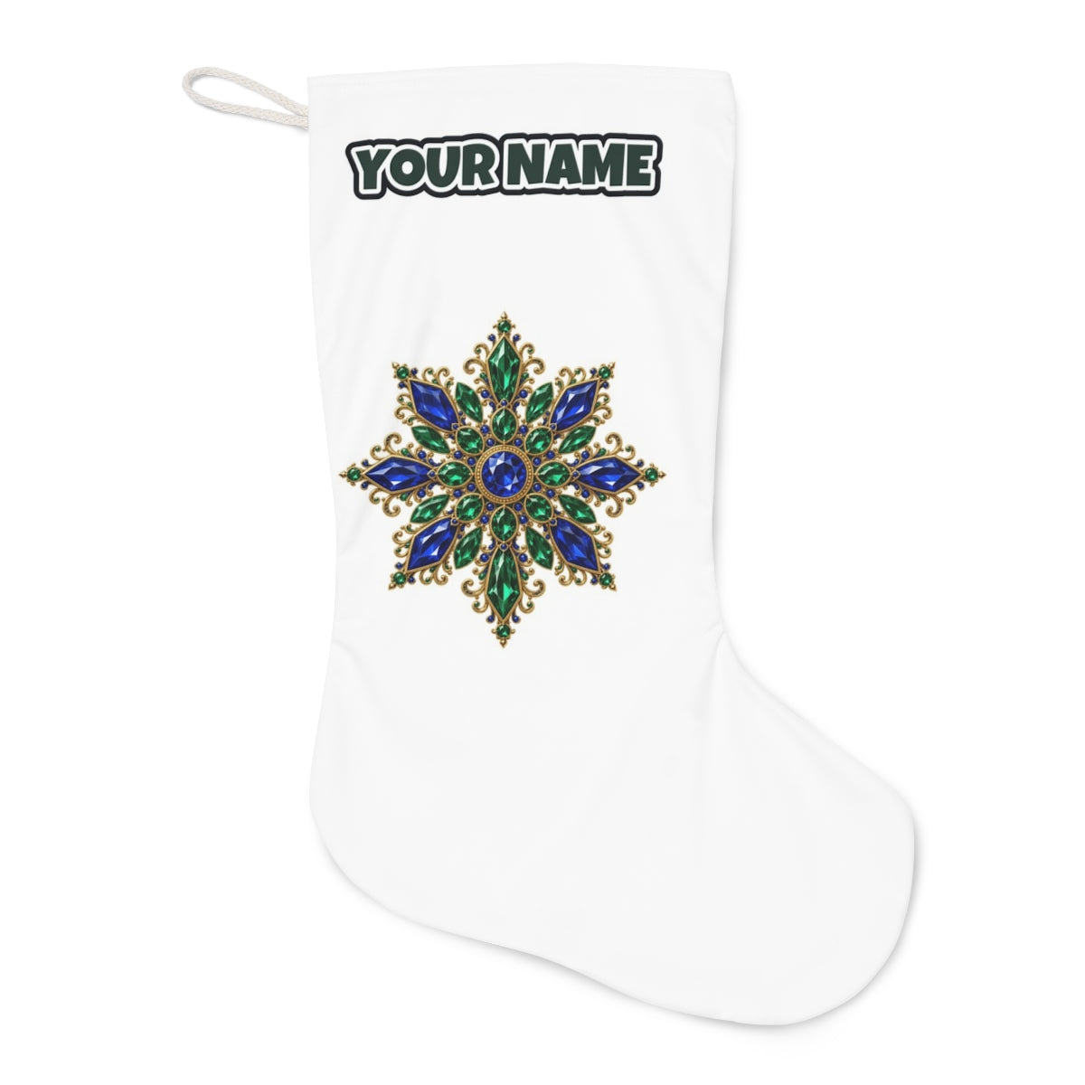 Sapphire and Emerald Snowflake Christmas stocking laid flat, showing the full print