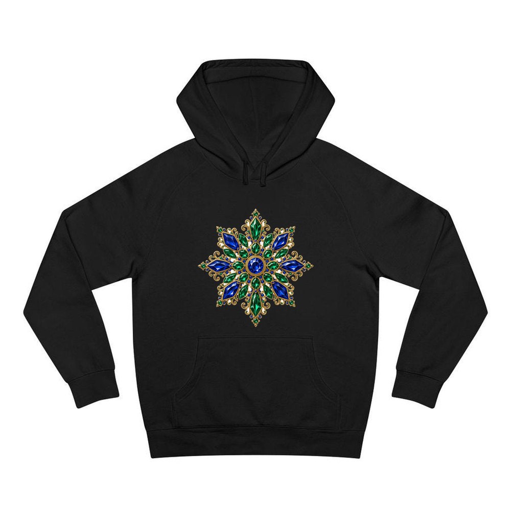 Sapphire and Emerald Snowflake personalised Christmas hoodie in black
