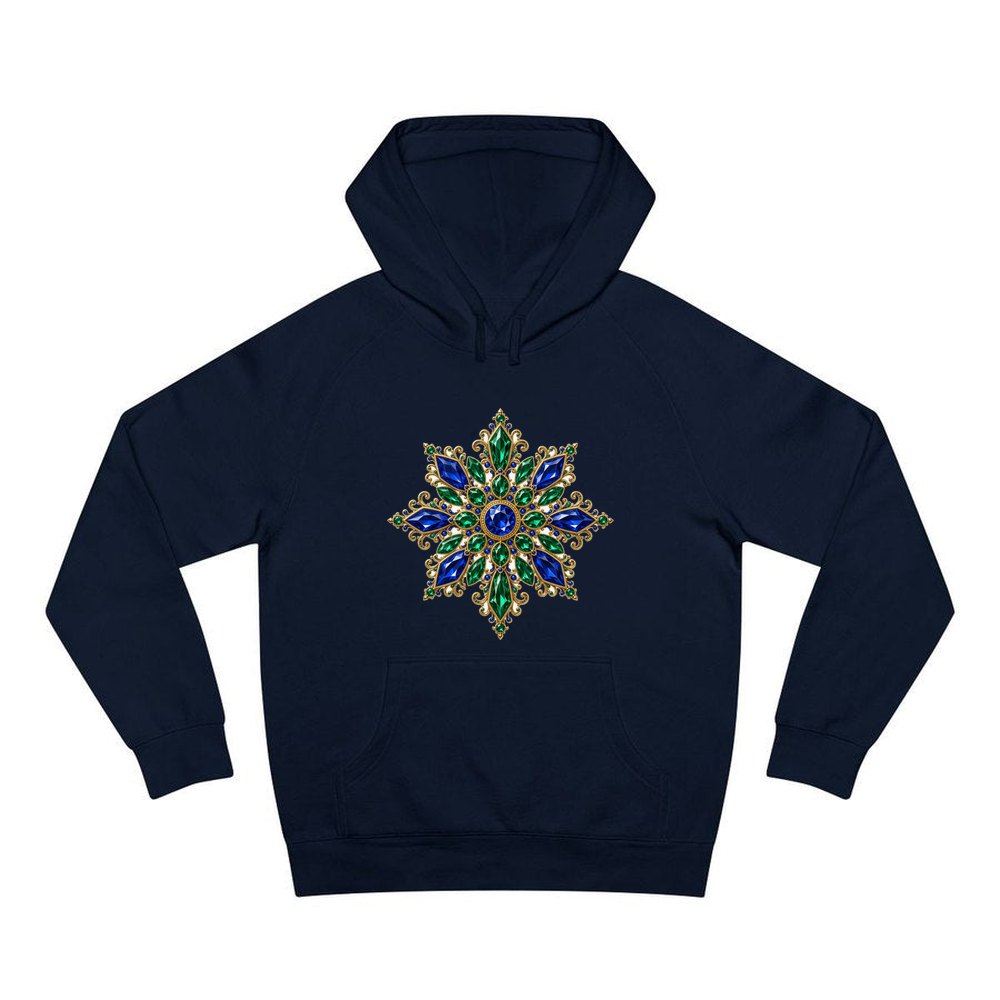 Sapphire and Emerald Snowflake personalised Christmas hoodie in navy