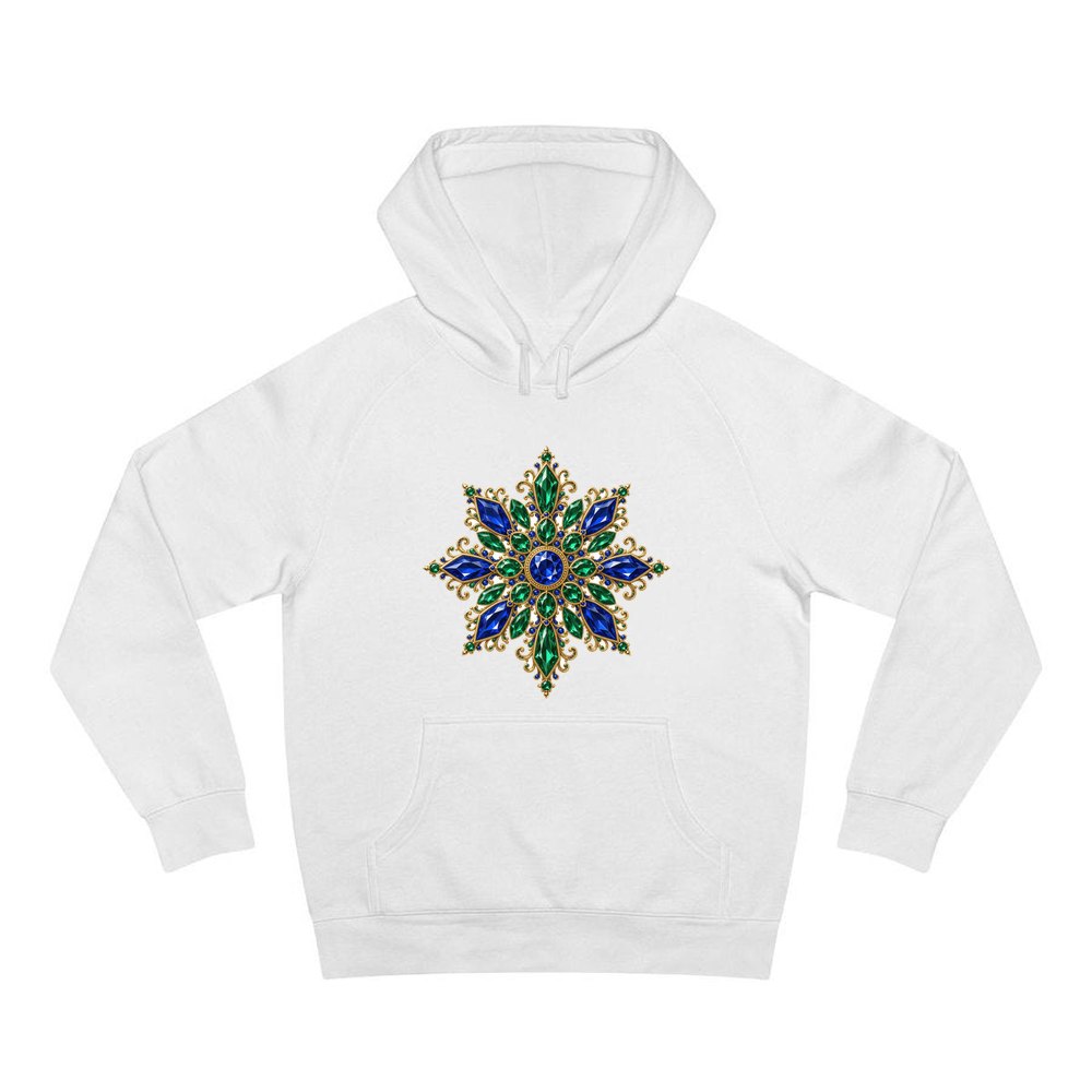 Sapphire and Emerald Snowflake personalised Christmas hoodie in white