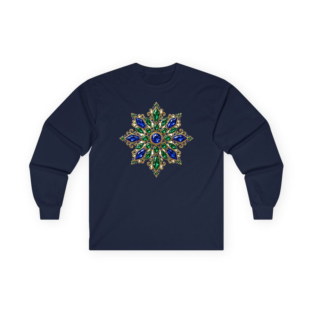 Sapphire and Emerald Snowflake personalised long sleeve Christmas T-shirt in navy