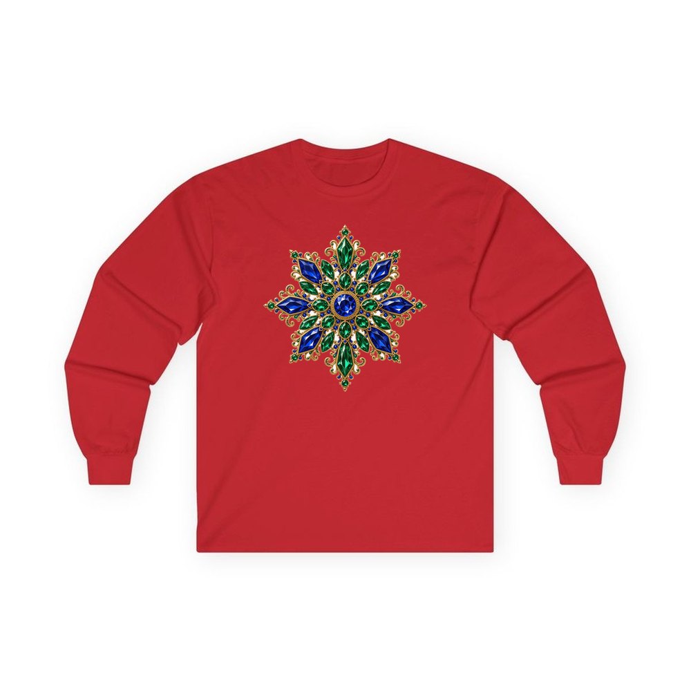 Sapphire and Emerald Snowflake personalised long sleeve Christmas T-shirt in red