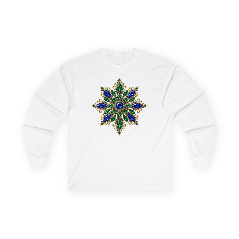 Sapphire and Emerald Snowflake personalised long sleeve Christmas T-shirt in white