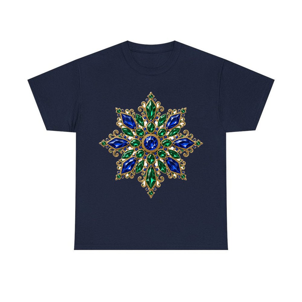 Sapphire and Emerald Snowflake personalised Christmas T-shirt in navy