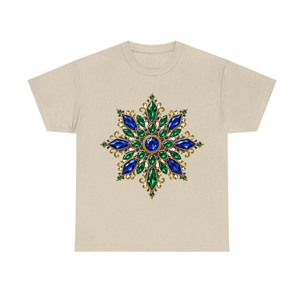 Sapphire and Emerald Snowflake personalised Christmas T-shirt in sand