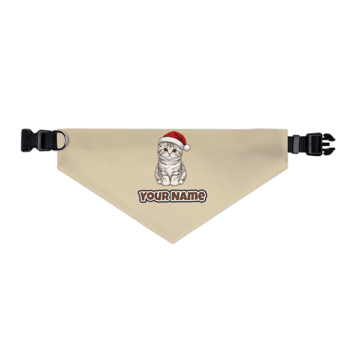 Scottish Fold personalised Christmas pet bandana in beige, collar with buckle