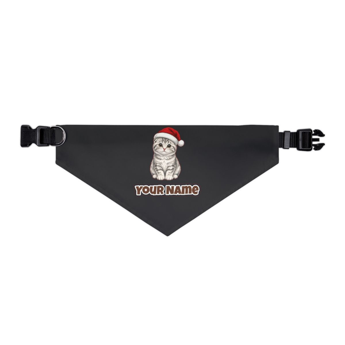 Scottish Fold personalised Christmas pet bandana in black, collar with buckle